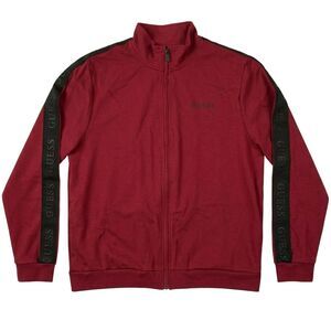 Guess Track Jacket Burgundy Sleeve Logo Zip Large Athleisure Sporty Chic Y2K